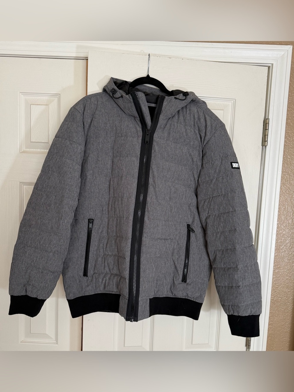 DKNY Men’s Gray Hooded Stretch Water Resistant Puffer Jacket